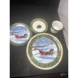 4 PC Pickard China Sleigh Ride Christmas Dinner, Salad Plate, Saucer, Cup USA